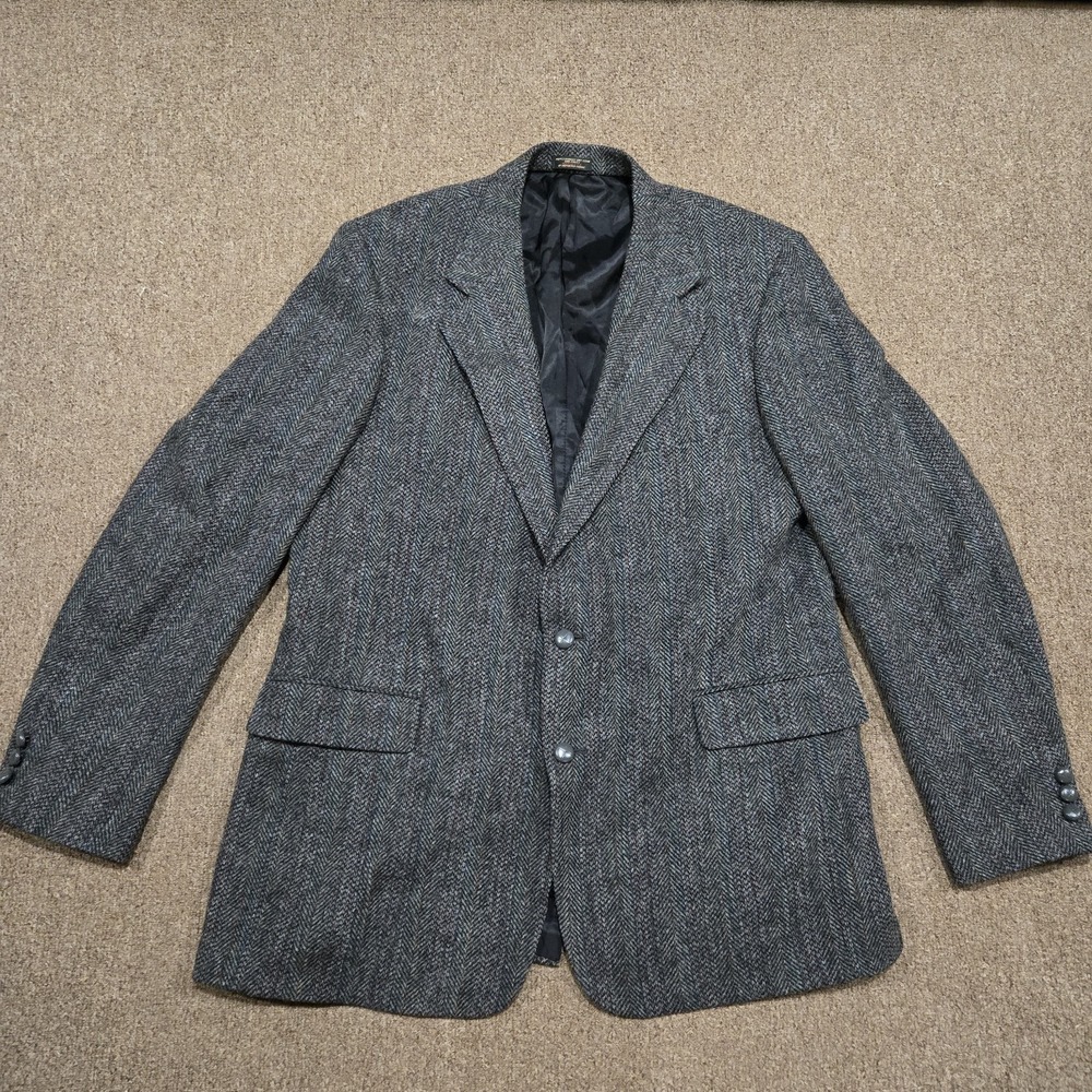 Harris Tweed Blazer Mens‎ 42R Grey Herringbone Wool Sport Coat Vintage Academic